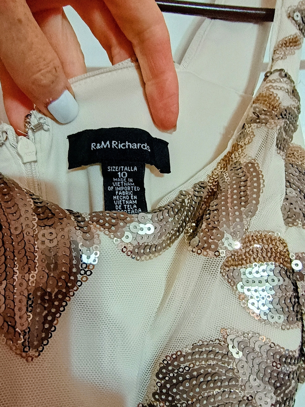R&M Richards Cream and Gold Sequin Strapless Cocktail Dress